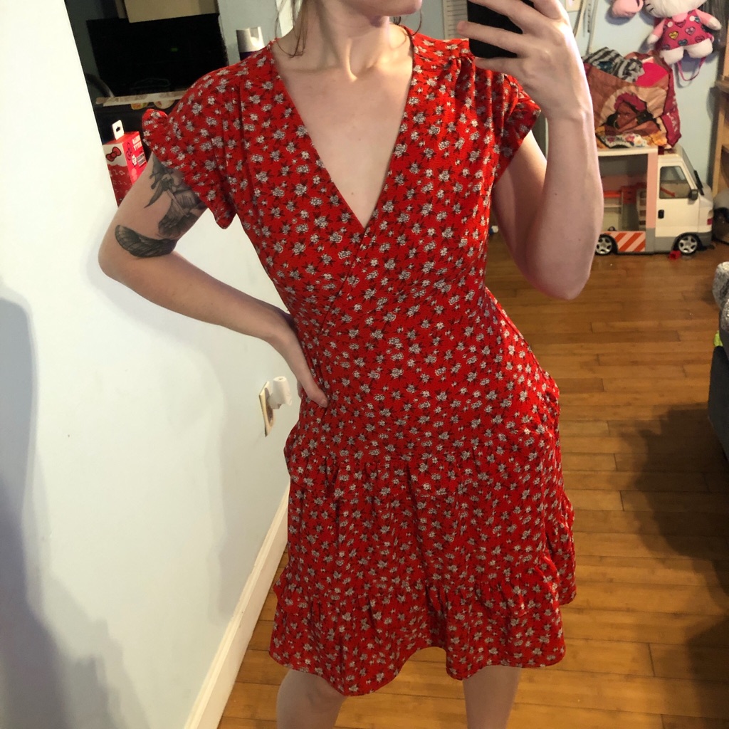 Monteau Los Angeles Red Floral Prairie Ruffle Trim Dress